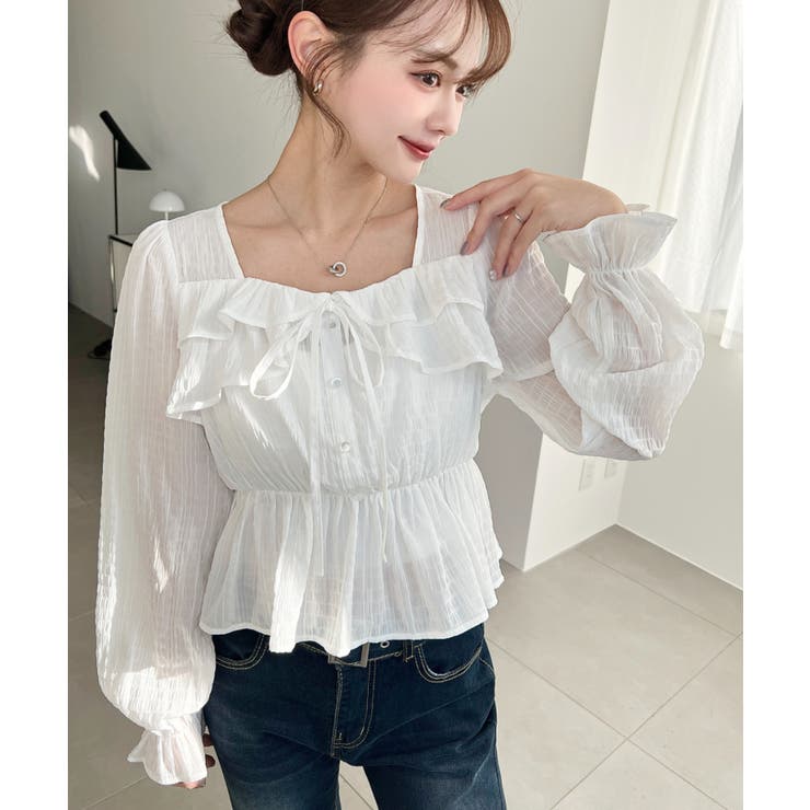 スクエアネック長袖ダブルフリルペプラムブラウス シアースモッキングライク | moment+ | 詳細画像2 