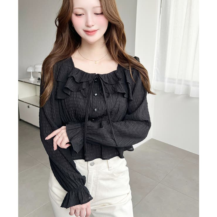 スクエアネック長袖ダブルフリルペプラムブラウス シアースモッキングライク | moment+ | 詳細画像21 