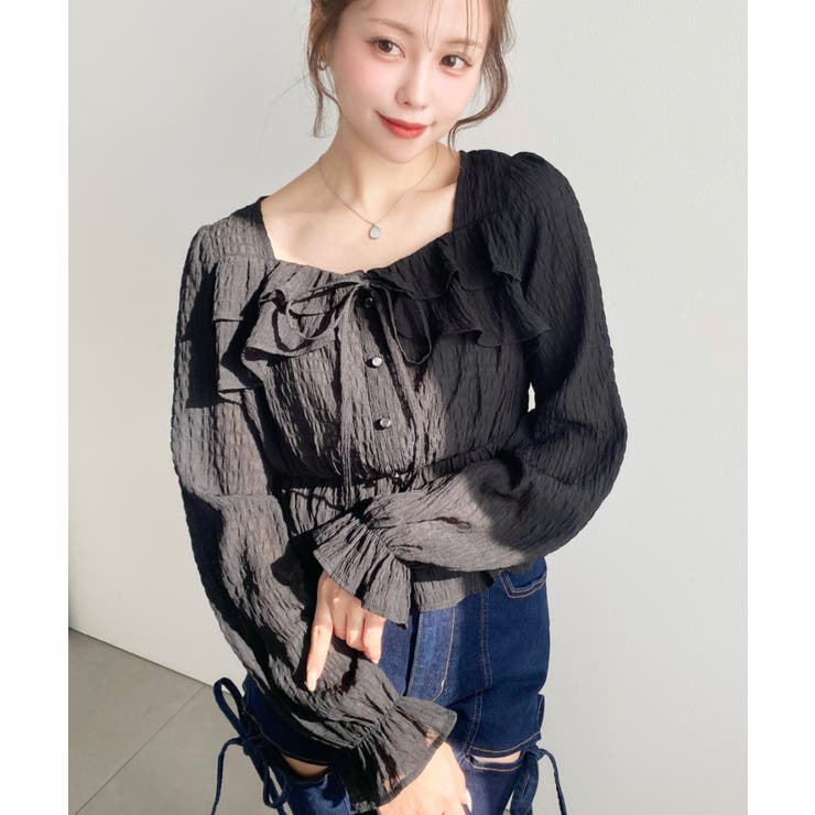 スクエアネック長袖ダブルフリルペプラムブラウス シアースモッキングライク | moment+ | 詳細画像23 