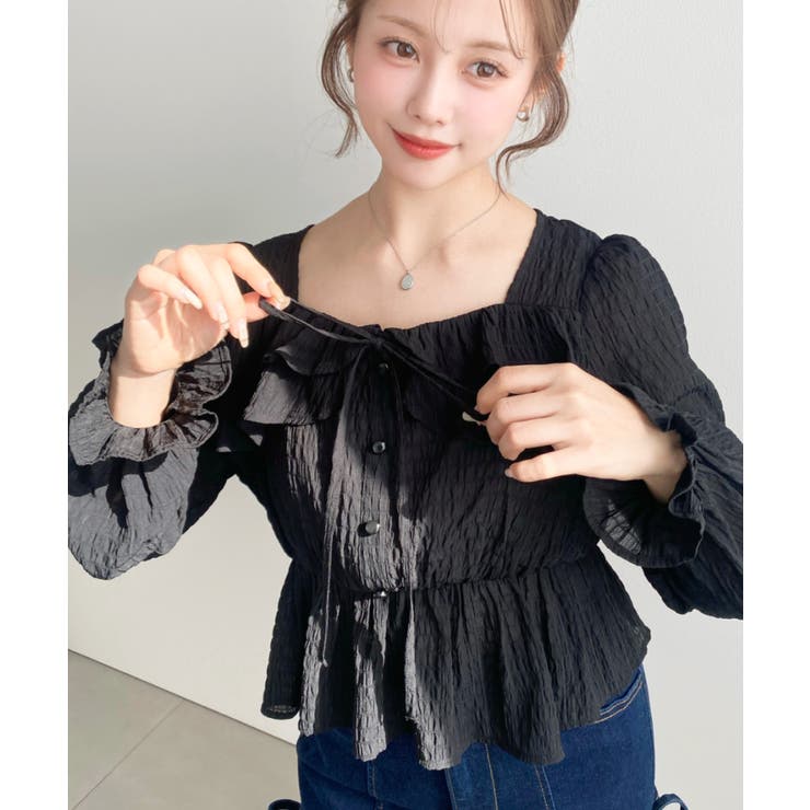 スクエアネック長袖ダブルフリルペプラムブラウス シアースモッキングライク | moment+ | 詳細画像24 