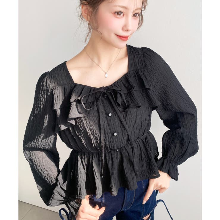 スクエアネック長袖ダブルフリルペプラムブラウス シアースモッキングライク | moment+ | 詳細画像25 