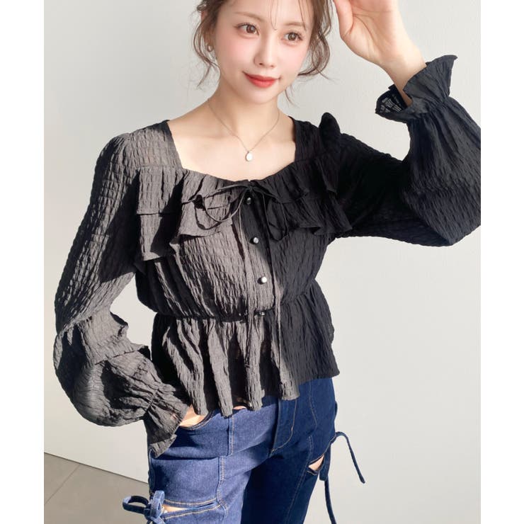 スクエアネック長袖ダブルフリルペプラムブラウス シアースモッキングライク | moment+ | 詳細画像26 