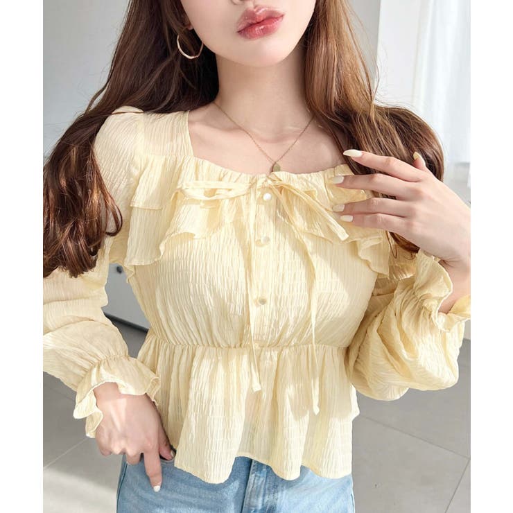 スクエアネック長袖ダブルフリルペプラムブラウス シアースモッキングライク | moment+ | 詳細画像27 