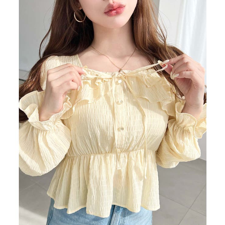 スクエアネック長袖ダブルフリルペプラムブラウス シアースモッキングライク | moment+ | 詳細画像29 