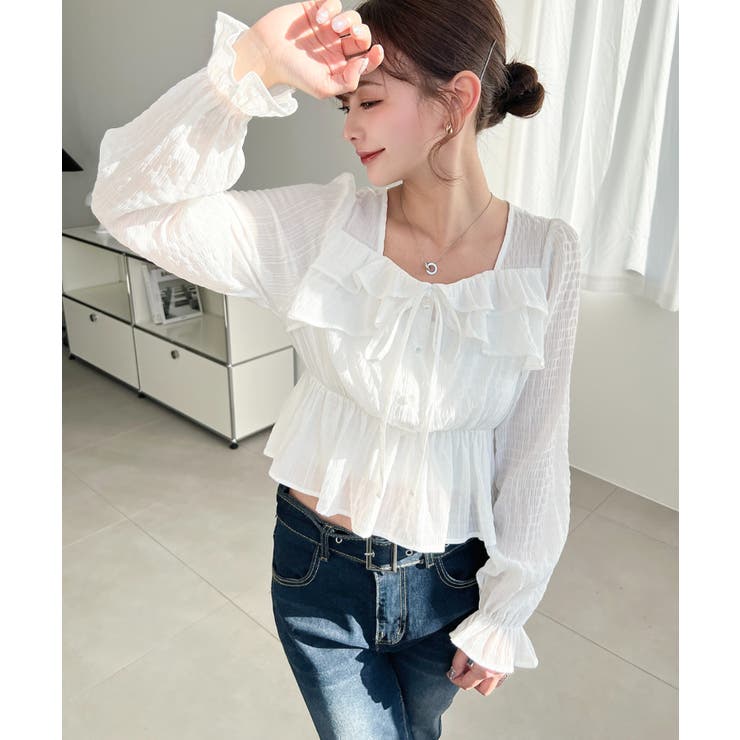 スクエアネック長袖ダブルフリルペプラムブラウス シアースモッキングライク | moment+ | 詳細画像3 