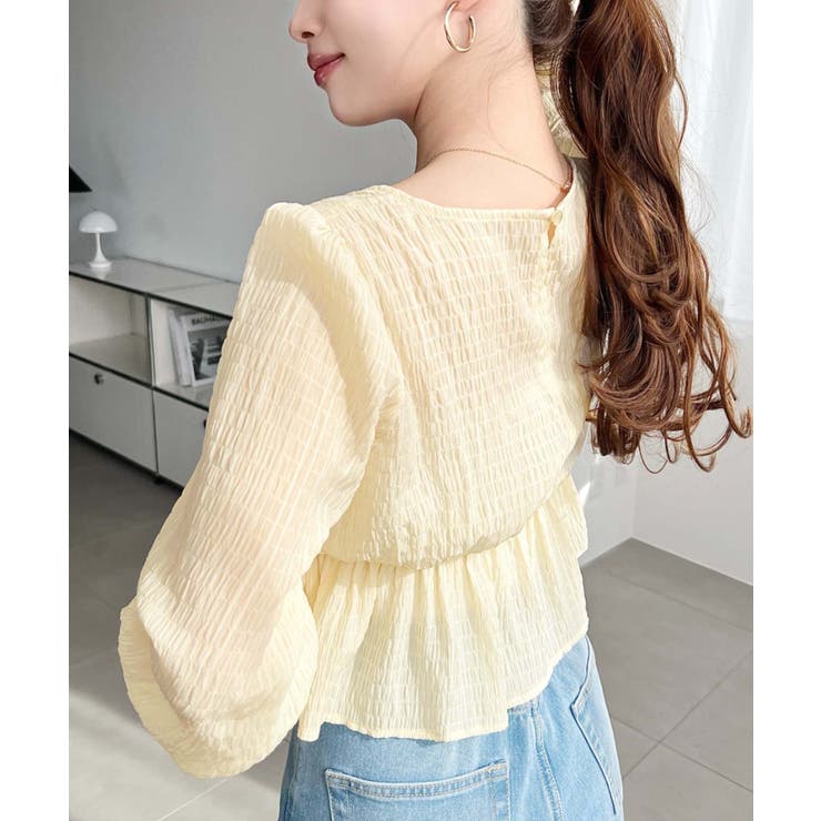 スクエアネック長袖ダブルフリルペプラムブラウス シアースモッキングライク | moment+ | 詳細画像31 