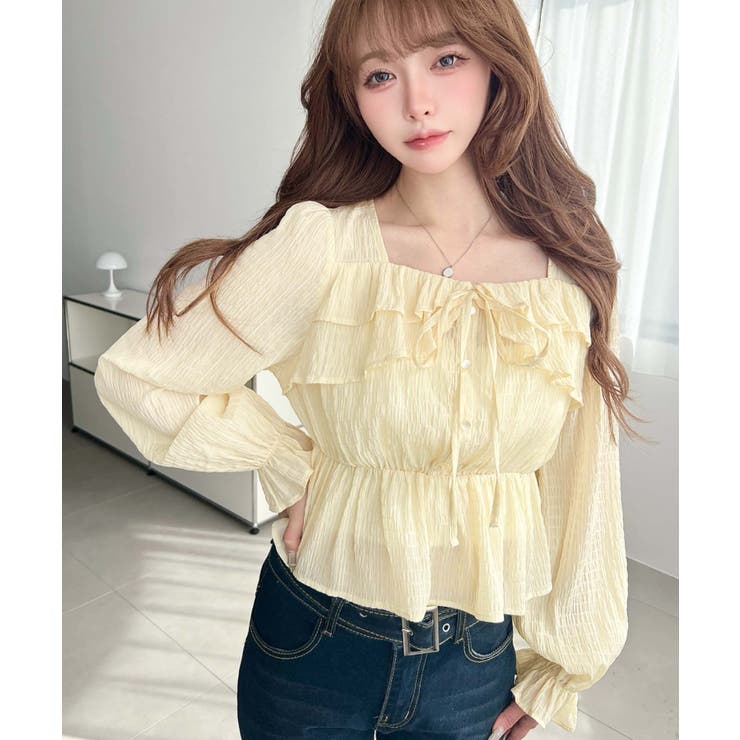 スクエアネック長袖ダブルフリルペプラムブラウス シアースモッキングライク | moment+ | 詳細画像33 