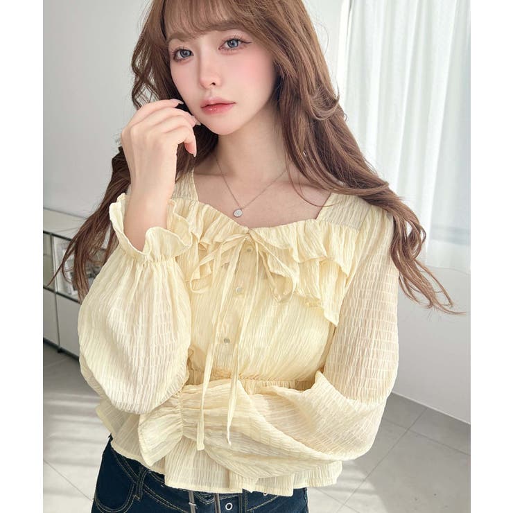 スクエアネック長袖ダブルフリルペプラムブラウス シアースモッキングライク | moment+ | 詳細画像34 