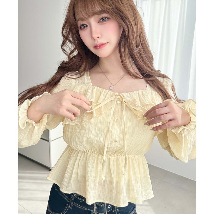 スクエアネック長袖ダブルフリルペプラムブラウス シアースモッキングライク | moment+ | 詳細画像35 