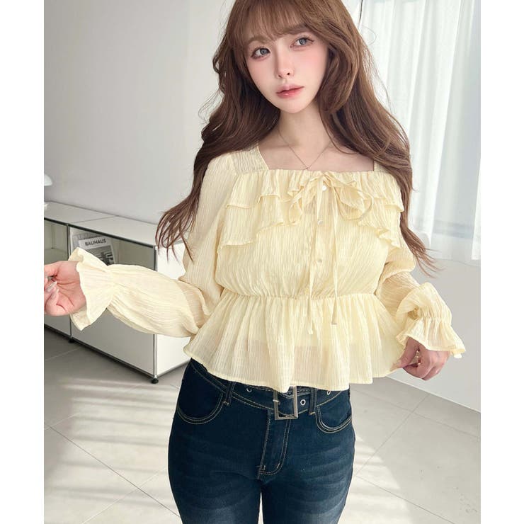 スクエアネック長袖ダブルフリルペプラムブラウス シアースモッキングライク | moment+ | 詳細画像36 