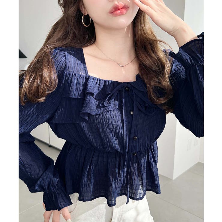 スクエアネック長袖ダブルフリルペプラムブラウス シアースモッキングライク | moment+ | 詳細画像37 