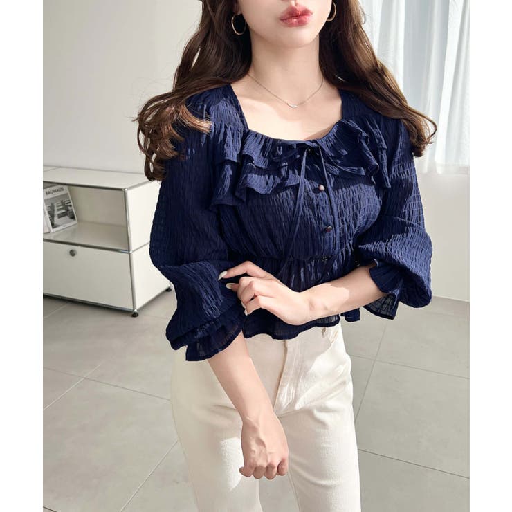 スクエアネック長袖ダブルフリルペプラムブラウス シアースモッキングライク | moment+ | 詳細画像39 