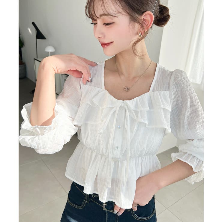 スクエアネック長袖ダブルフリルペプラムブラウス シアースモッキングライク | moment+ | 詳細画像4 