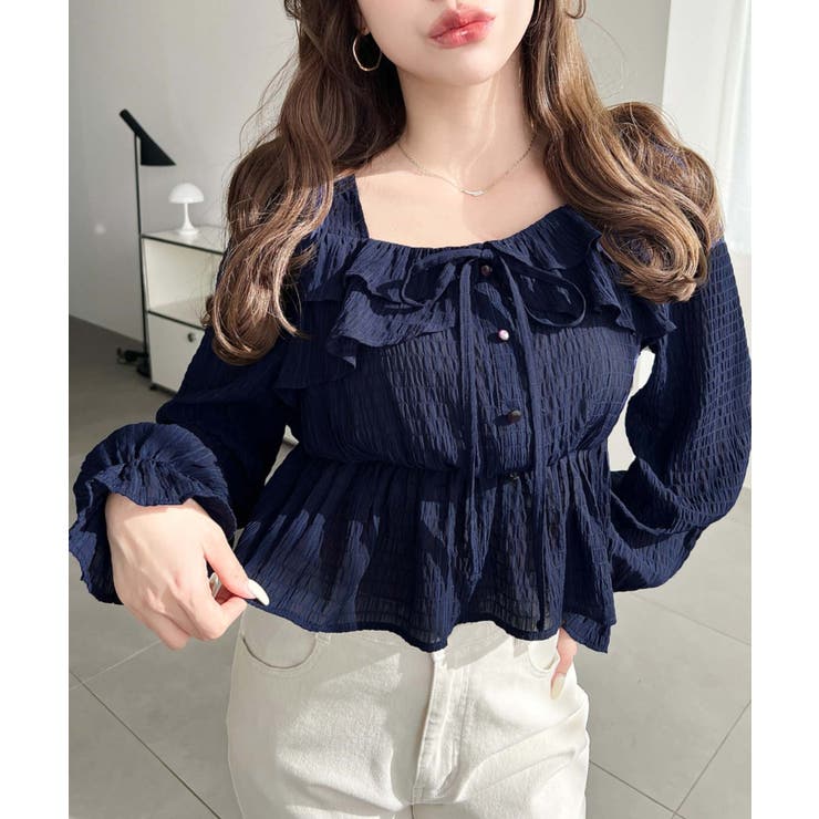 スクエアネック長袖ダブルフリルペプラムブラウス シアースモッキングライク | moment+ | 詳細画像40 