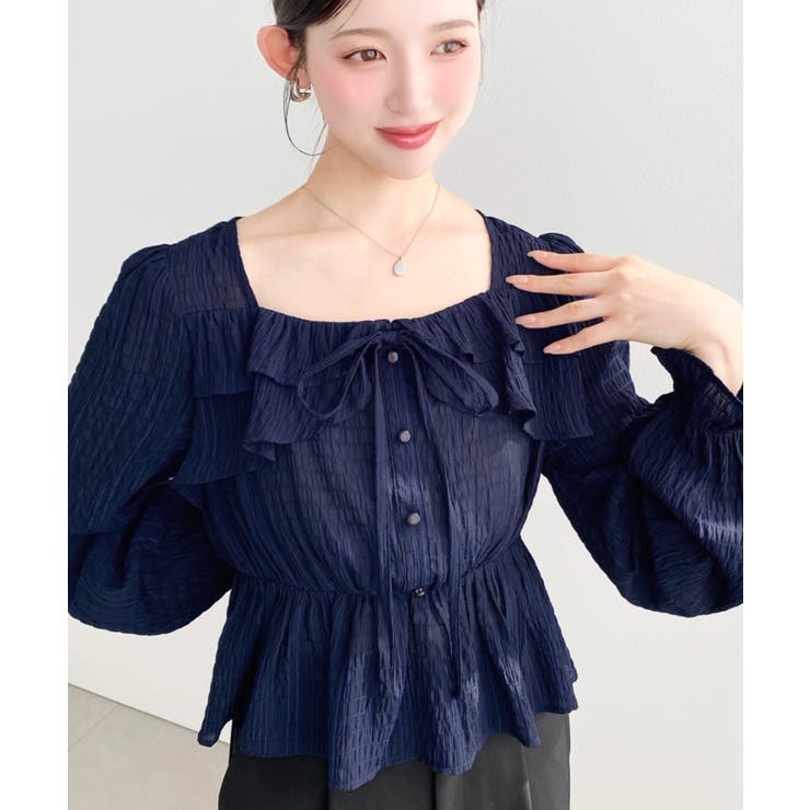 スクエアネック長袖ダブルフリルペプラムブラウス シアースモッキングライク | moment+ | 詳細画像42 