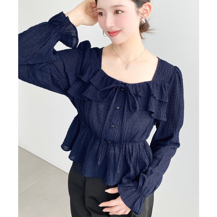 スクエアネック長袖ダブルフリルペプラムブラウス シアースモッキングライク | moment+ | 詳細画像43 