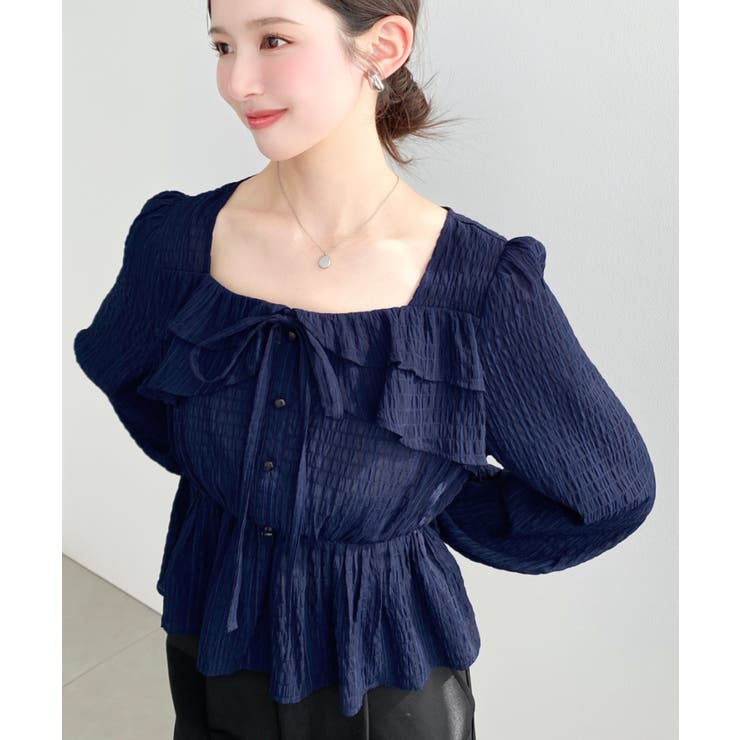 スクエアネック長袖ダブルフリルペプラムブラウス シアースモッキングライク | moment+ | 詳細画像45 