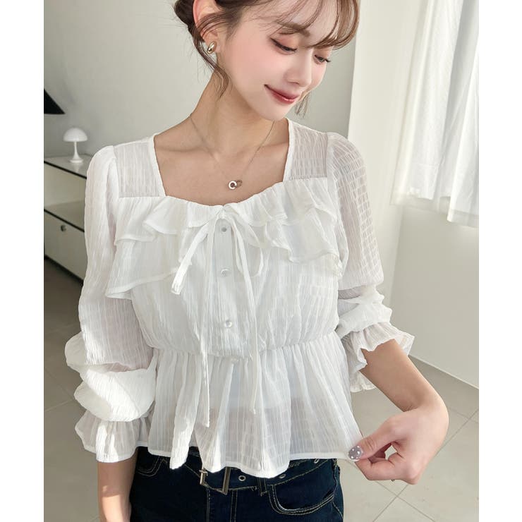 スクエアネック長袖ダブルフリルペプラムブラウス シアースモッキングライク | moment+ | 詳細画像5 