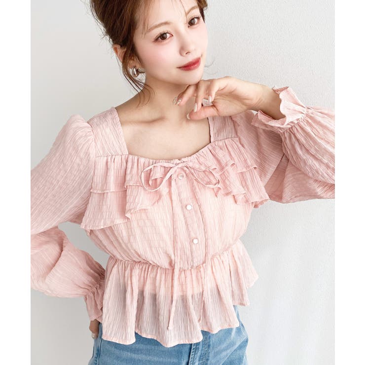 スクエアネック長袖ダブルフリルペプラムブラウス シアースモッキングライク | moment+ | 詳細画像50 