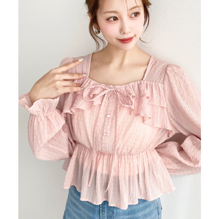 スクエアネック長袖ダブルフリルペプラムブラウス シアースモッキングライク | moment+ | 詳細画像51 