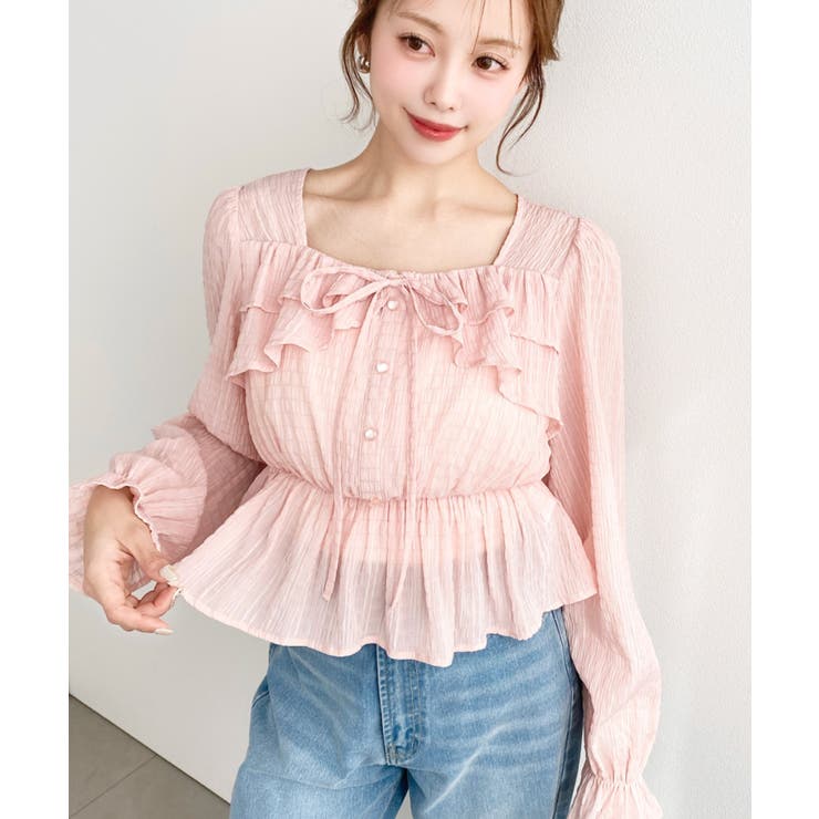 スクエアネック長袖ダブルフリルペプラムブラウス シアースモッキングライク | moment+ | 詳細画像52 