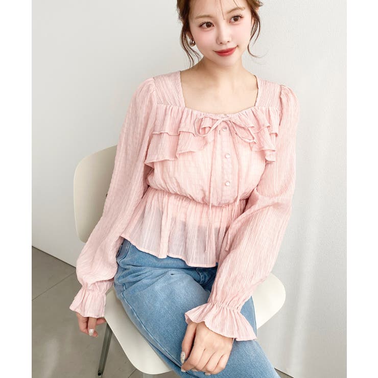 スクエアネック長袖ダブルフリルペプラムブラウス シアースモッキングライク | moment+ | 詳細画像53 