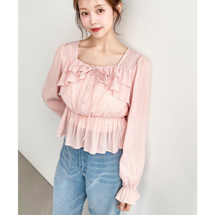 スクエアネック長袖ダブルフリルペプラムブラウス シアースモッキングライク | moment+ | 詳細画像54 