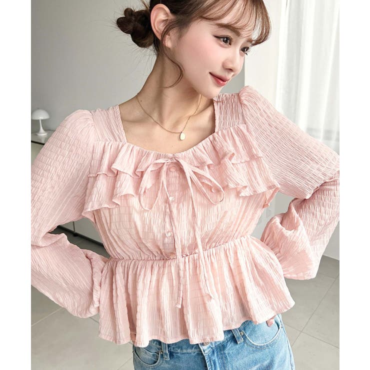 スクエアネック長袖ダブルフリルペプラムブラウス シアースモッキングライク | moment+ | 詳細画像55 