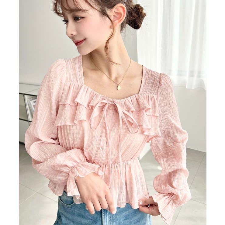 スクエアネック長袖ダブルフリルペプラムブラウス シアースモッキングライク | moment+ | 詳細画像56 