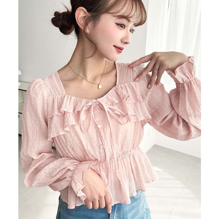 スクエアネック長袖ダブルフリルペプラムブラウス シアースモッキングライク | moment+ | 詳細画像57 