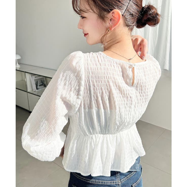 スクエアネック長袖ダブルフリルペプラムブラウス シアースモッキングライク | moment+ | 詳細画像6 