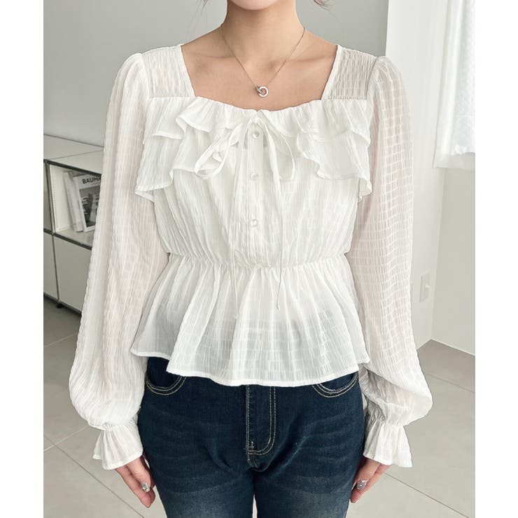 スクエアネック長袖ダブルフリルペプラムブラウス シアースモッキングライク | moment+ | 詳細画像7 