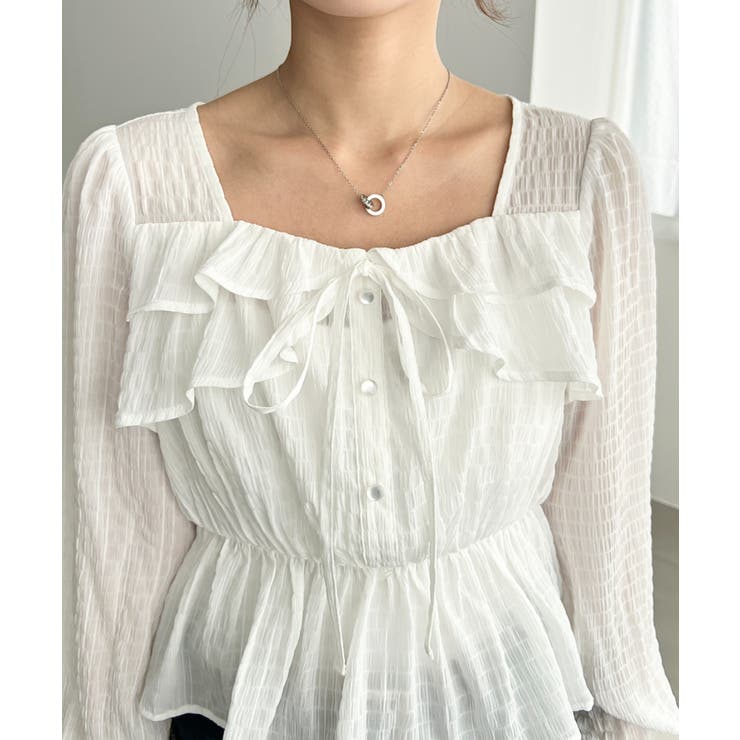 スクエアネック長袖ダブルフリルペプラムブラウス シアースモッキングライク | moment+ | 詳細画像8 