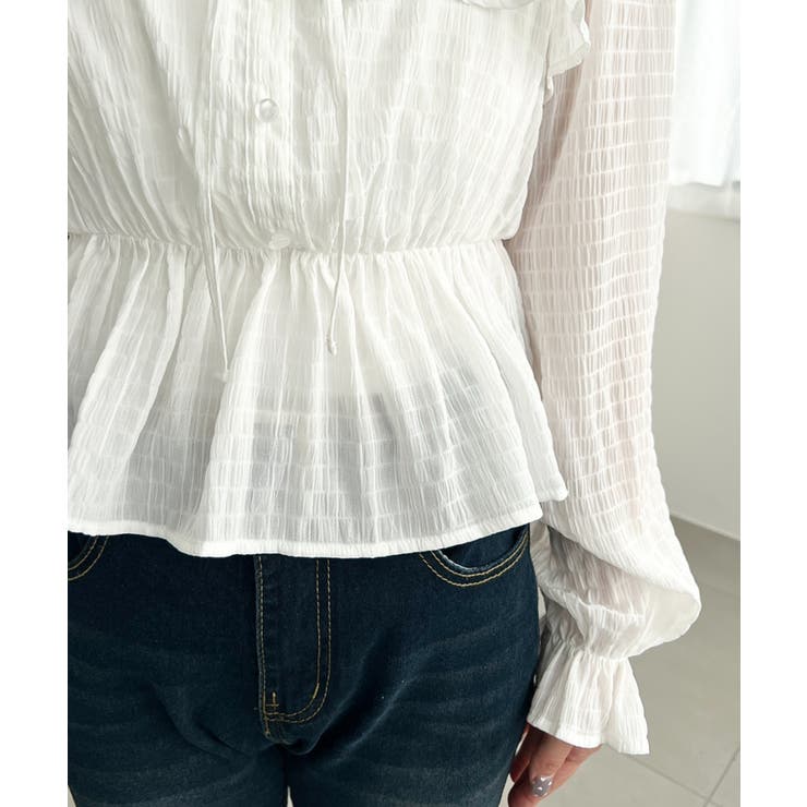 スクエアネック長袖ダブルフリルペプラムブラウス シアースモッキングライク | moment+ | 詳細画像9 