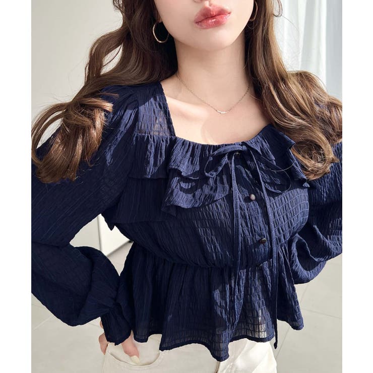 ネイビー | スクエアネック長袖ダブルフリルペプラムブラウス シアースモッキングライク | moment+