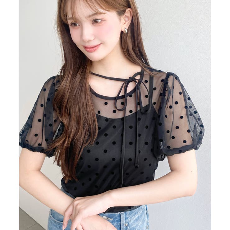 インナーキャミ付きフロッキードットチュールバレエコアパフスリーブ半袖シアートップ… | moment+ | 詳細画像22 