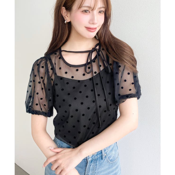 インナーキャミ付きフロッキードットチュールバレエコアパフスリーブ半袖シアートップ… | moment+ | 詳細画像25 