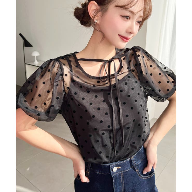 インナーキャミ付きフロッキードットチュールバレエコアパフスリーブ半袖シアートップ… | moment+ | 詳細画像27 