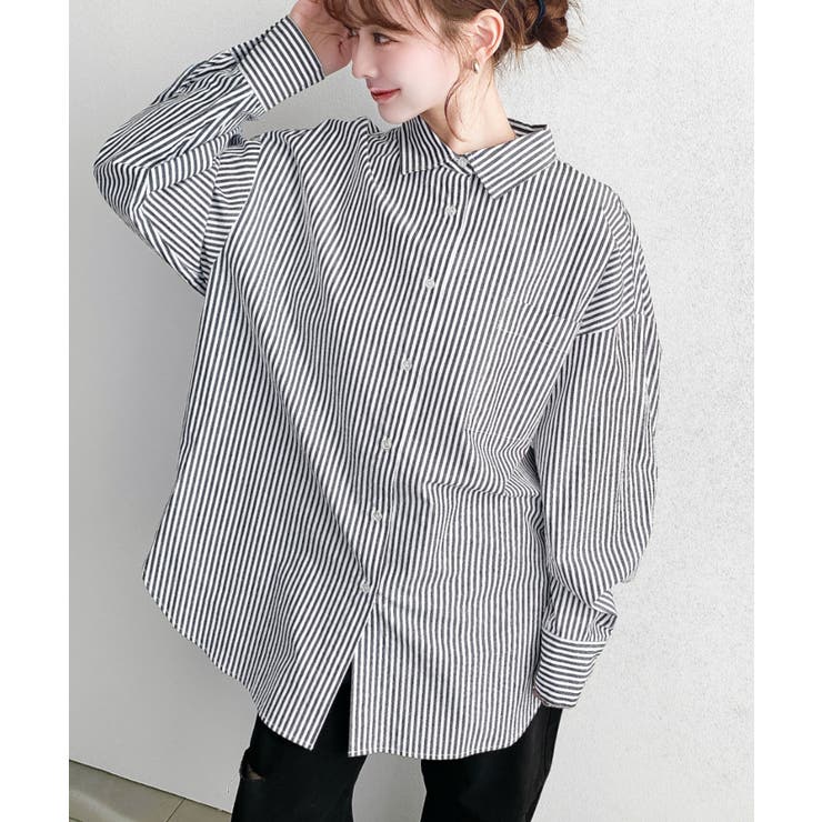 ブラック | 先染めストライプ＆ギンガムチェック&マルチストライプビッグシルエット長袖シャツ | moment+