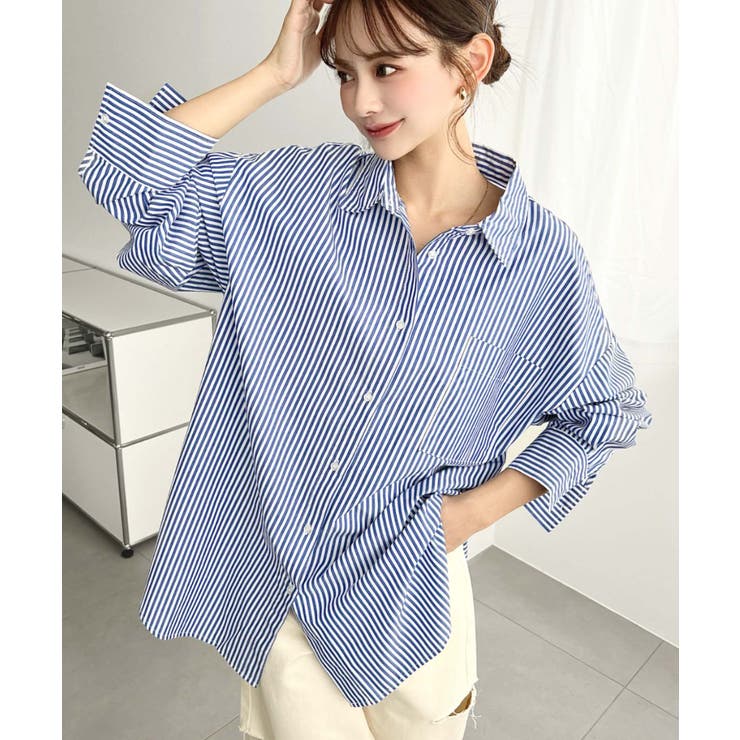 ネイビー | 先染めストライプ＆ギンガムチェック&マルチストライプビッグシルエット長袖シャツ | moment+