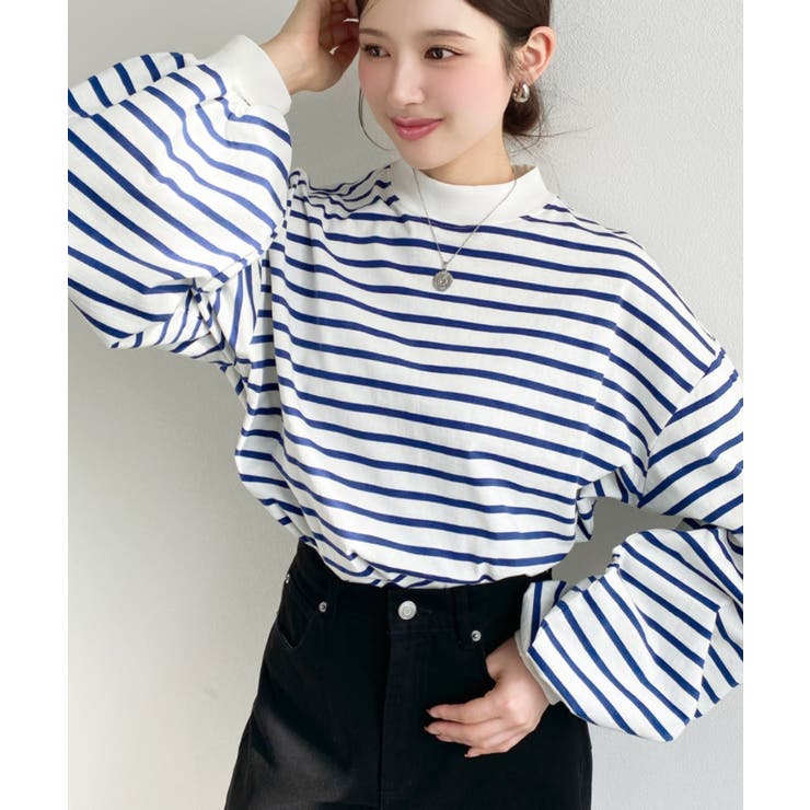 無地＆ボーダー モックネックボリュームスリーブロンT 綿100％ | moment+ | 詳細画像10 