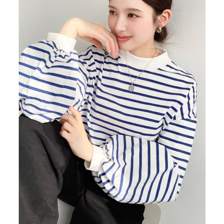 無地＆ボーダー モックネックボリュームスリーブロンT 綿100％ | moment+ | 詳細画像11 