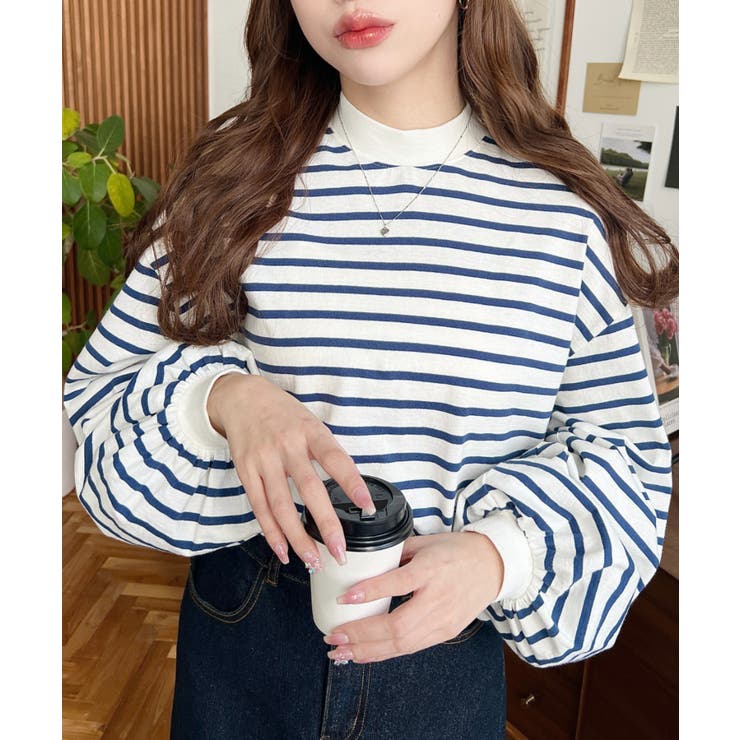 無地＆ボーダー モックネックボリュームスリーブロンT 綿100％ | moment+ | 詳細画像13 