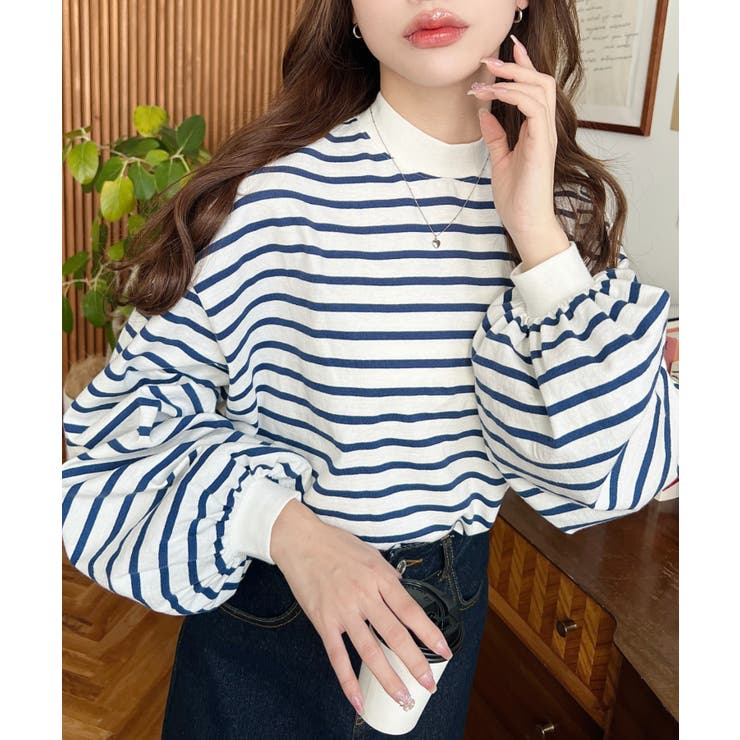 無地＆ボーダー モックネックボリュームスリーブロンT 綿100％ | moment+ | 詳細画像14 