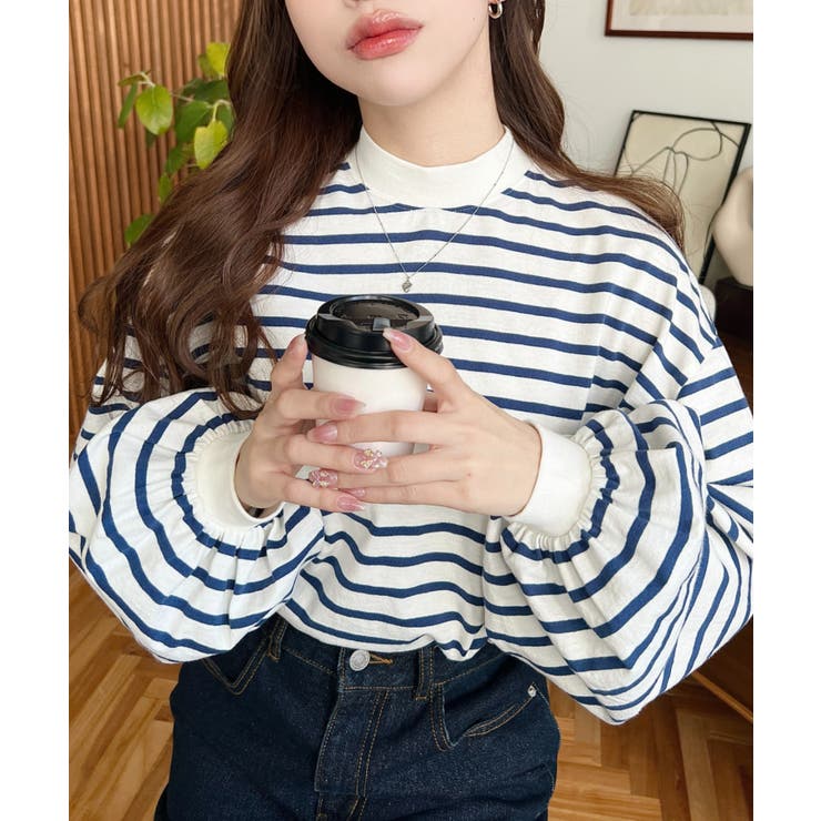 無地＆ボーダー モックネックボリュームスリーブロンT 綿100％ | moment+ | 詳細画像15 