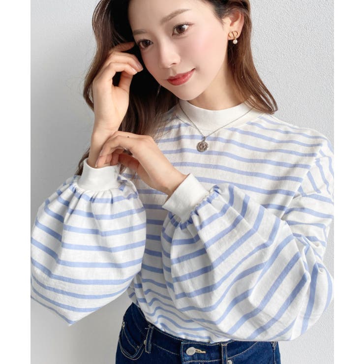 無地＆ボーダー モックネックボリュームスリーブロンT 綿100％ | moment+ | 詳細画像16 