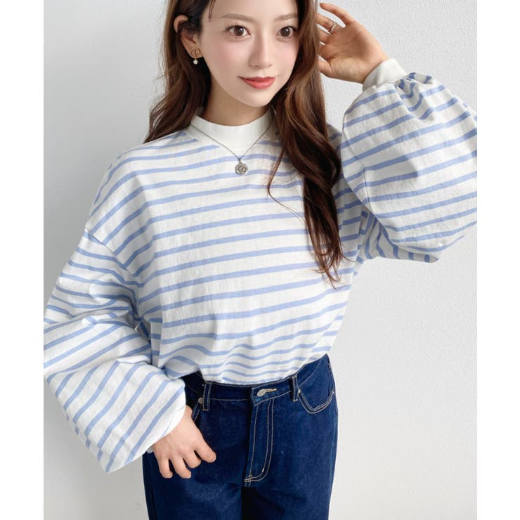 無地＆ボーダー モックネックボリュームスリーブロンT 綿100％ | moment+ | 詳細画像17 