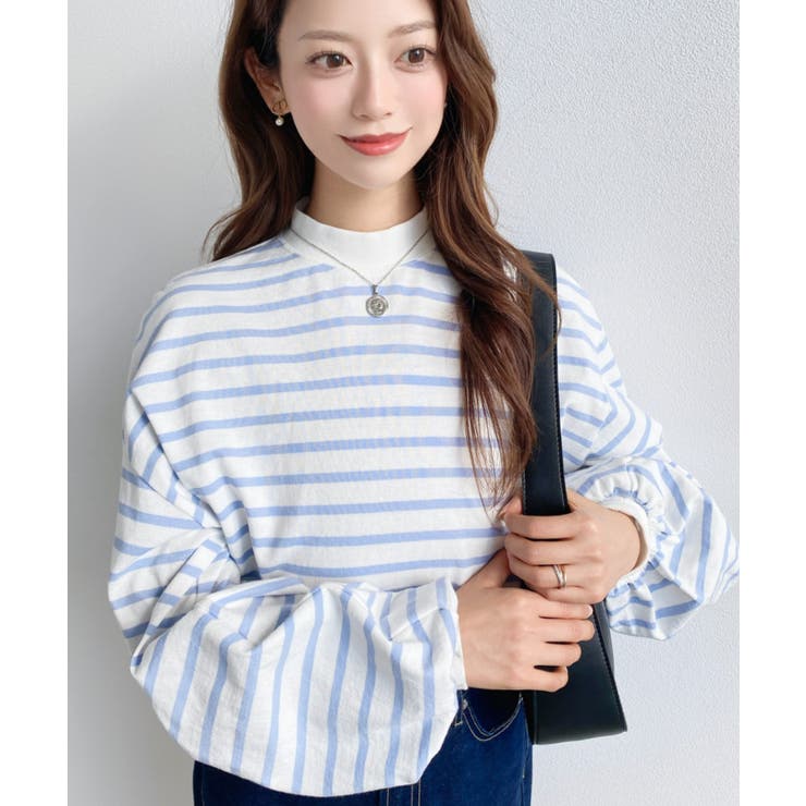 無地＆ボーダー モックネックボリュームスリーブロンT 綿100％ | moment+ | 詳細画像18 