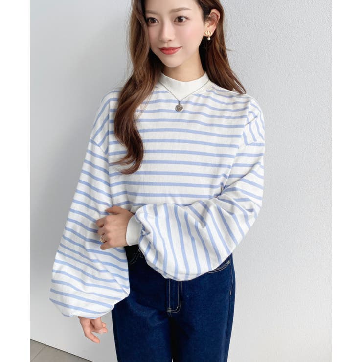 無地＆ボーダー モックネックボリュームスリーブロンT 綿100％ | moment+ | 詳細画像19 