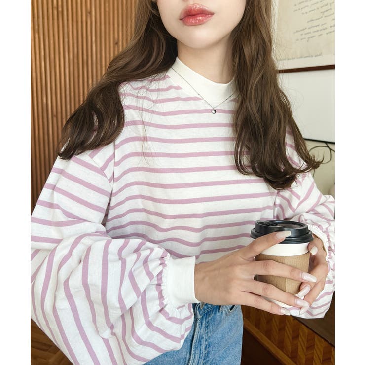 無地＆ボーダー モックネックボリュームスリーブロンT 綿100％ | moment+ | 詳細画像22 